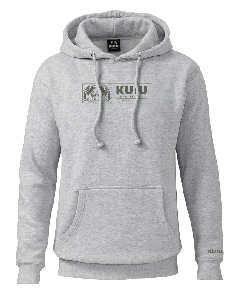 Front of KUIU Topo Block Hoodie in Heather Grey