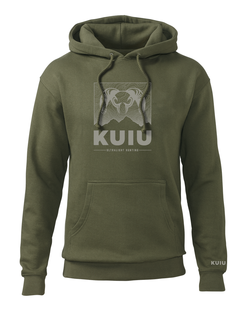 Front of KUIU Topo Mountain Hoodie in Army Green