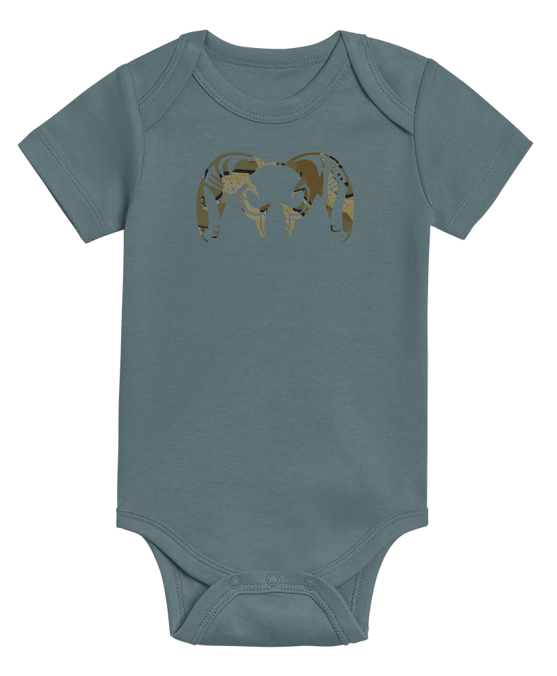 Front of KUIU Valo Ram Baby One-Piece in Harbor Blue