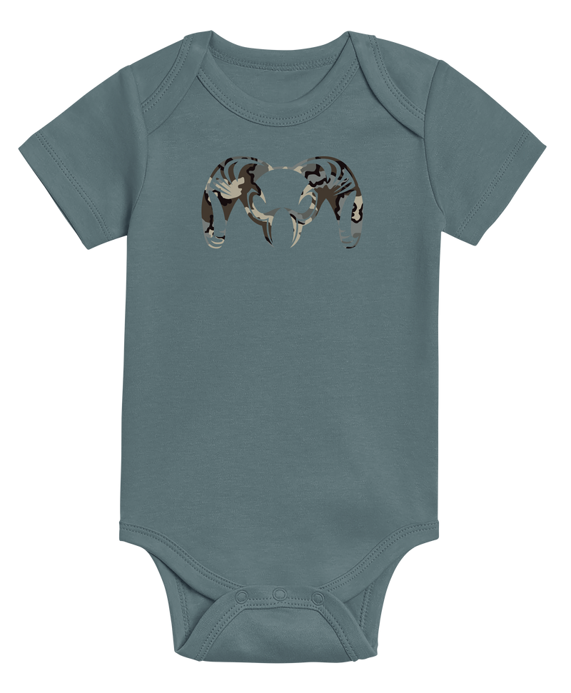 Front of KUIU Vias Ram Baby One-Piece in Harbor Blue