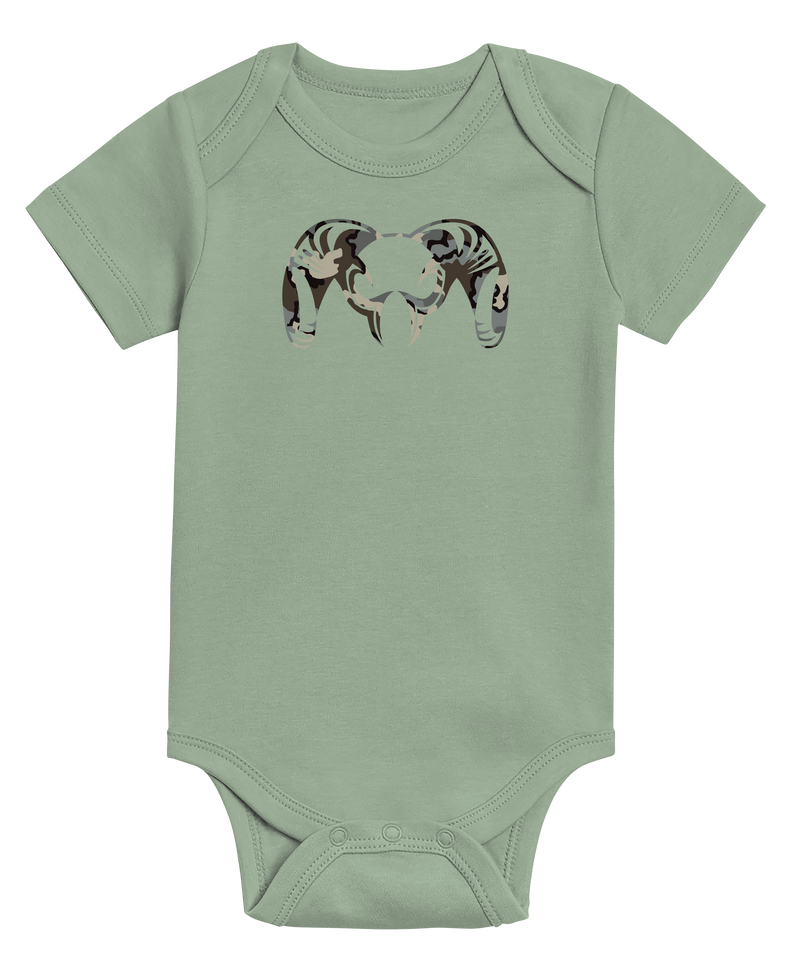 Front of KUIU Vias Ram Baby One-Piece in Thyme Green