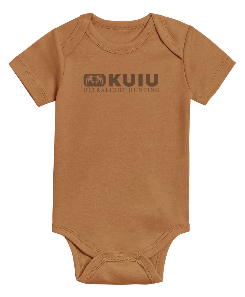 Front of KUIU Block Logo Baby One-Piece in Chai Brown