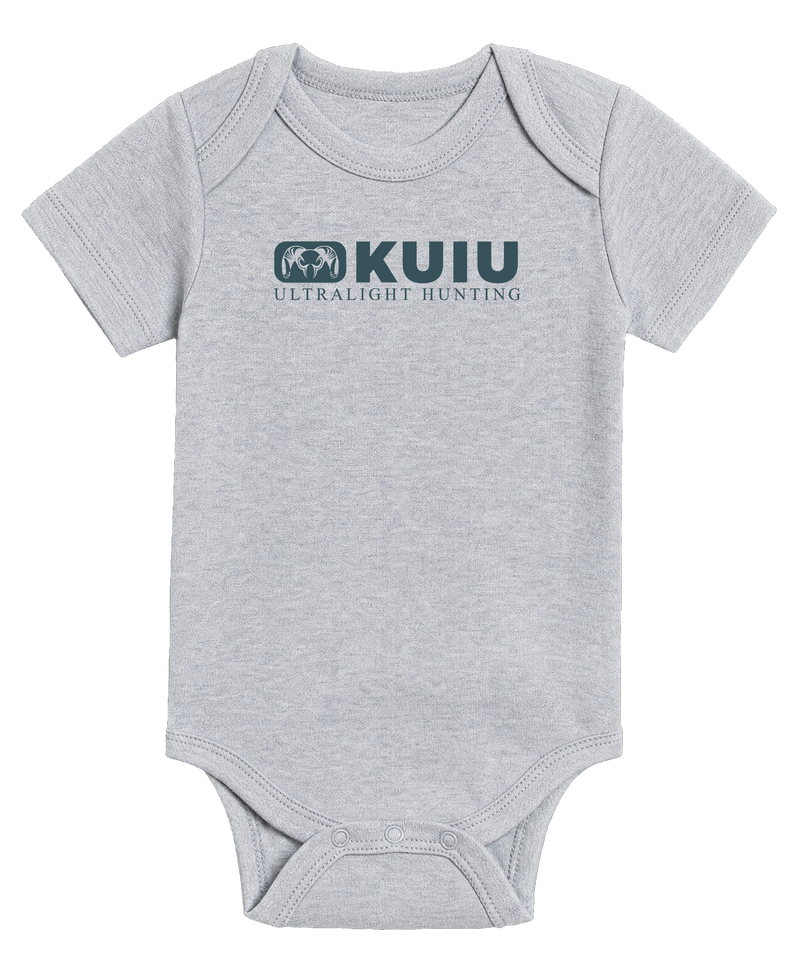 Front of KUIU Block Logo Baby One-Piece in Heather Grey