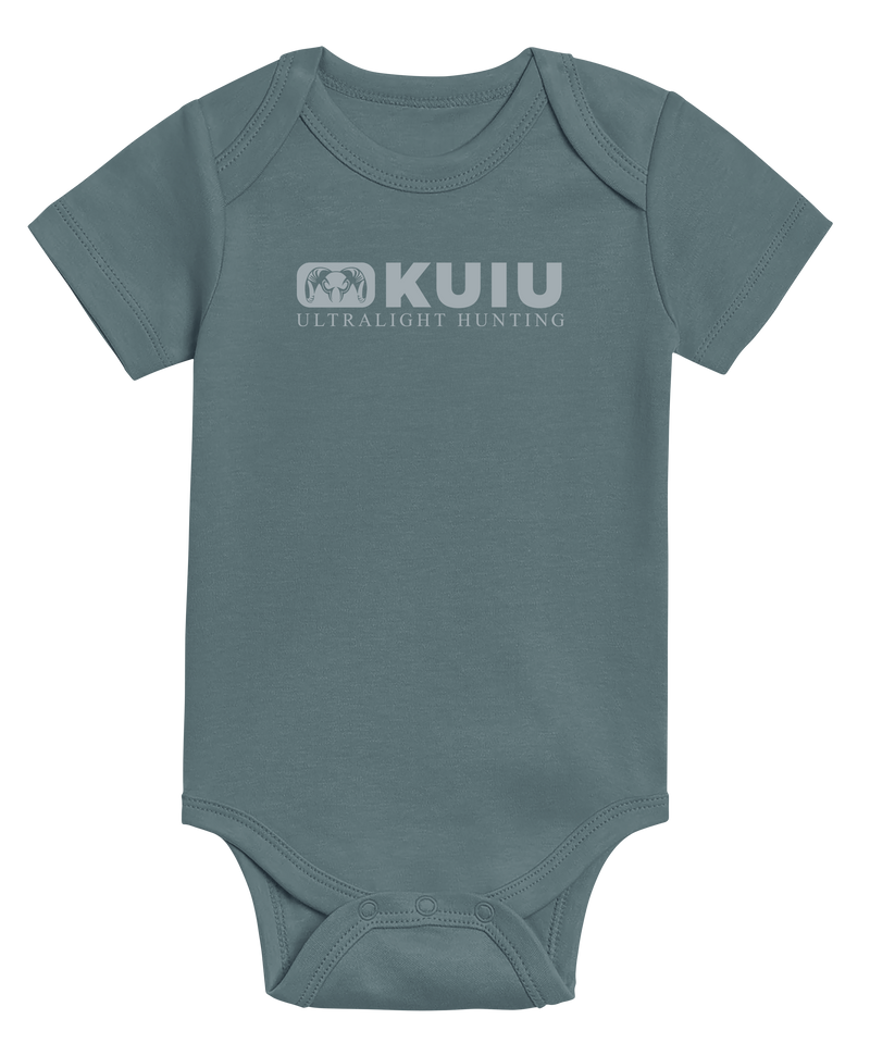 Front of KUIU Block Logo Baby One-Piece in Harbor Blue