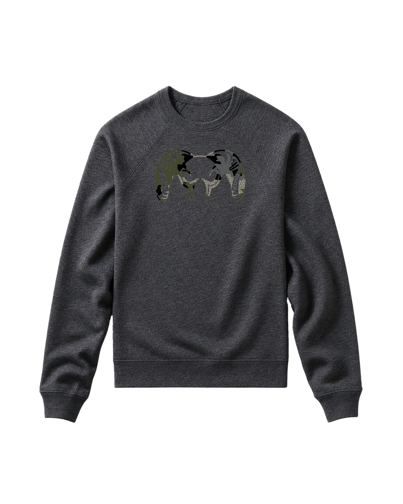 Front of Toddler Camo Big Ram Crewneck Sweatshirt in Heather Grey with Verde camouflage ram logo.