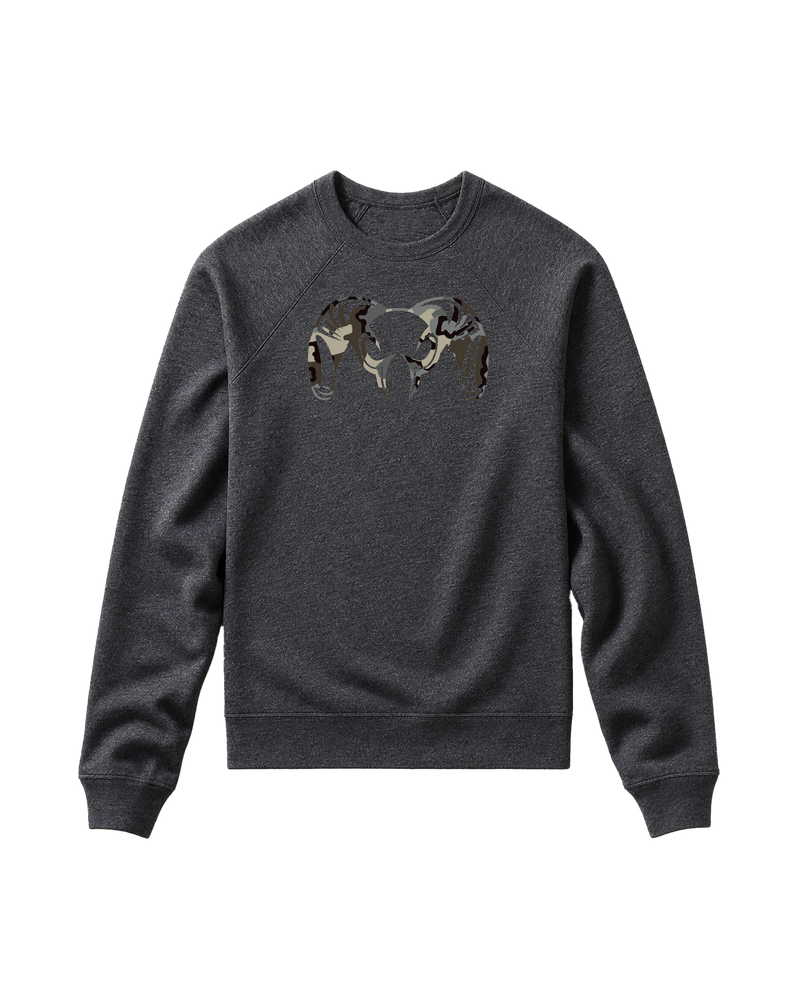 Front of Toddler Camo Big Ram Crewneck Sweatshirt in Heather Grey with Vias camouflage ram logo.