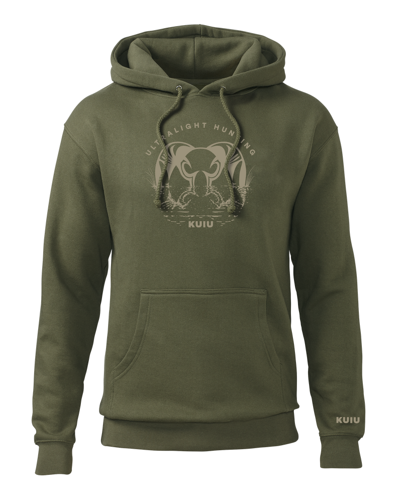 Front of KUIU Waterway Hoodie in Army Green