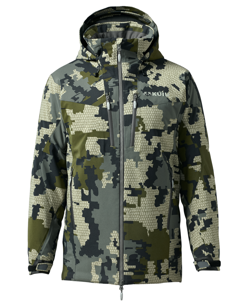 Front of Kutana Gale Force Hooded Jacket in Verde Camouflage