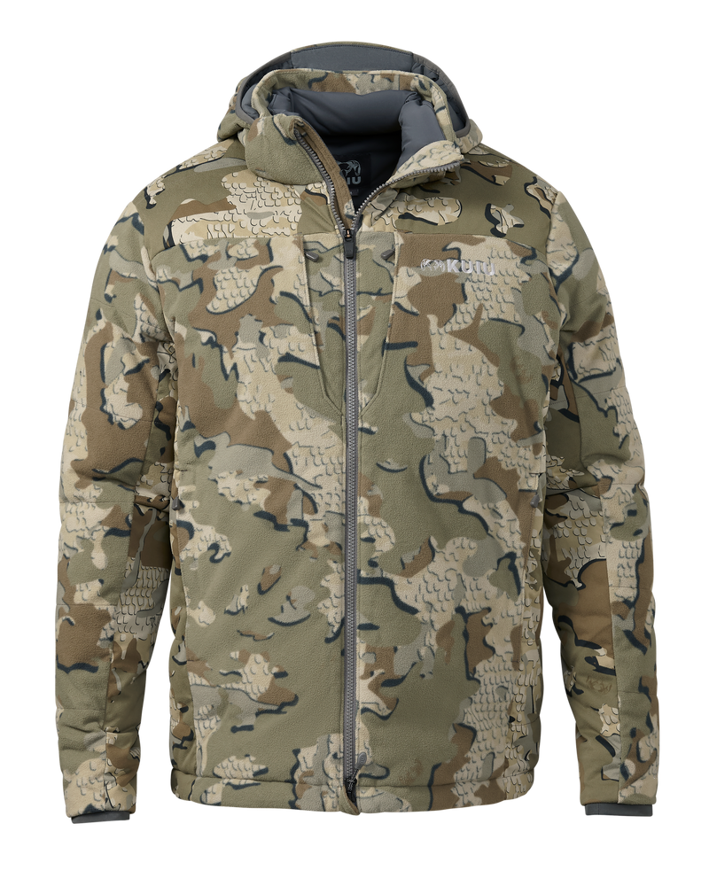 Front of Super Down Haven Hooded Jacket in Valo Camouflage