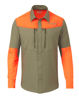 Front of KUIU Upland Sport Shirt in Khaki/Blaze Orange
