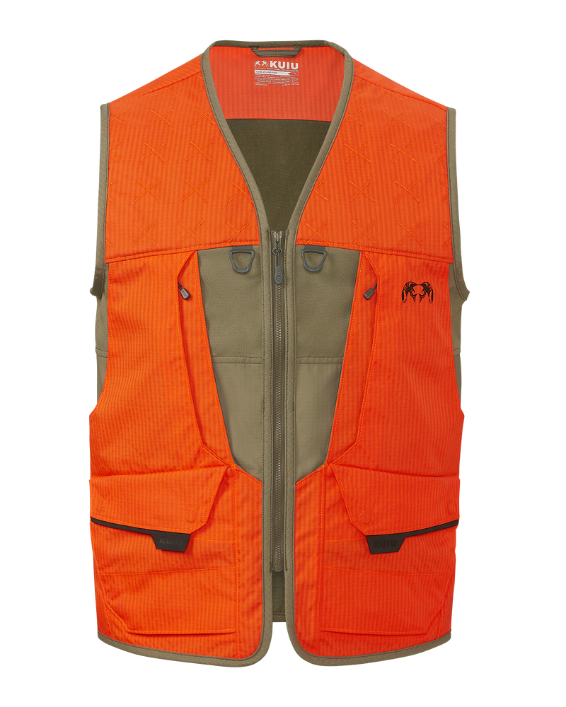 Front of Core Upland Vest in Khaki/Blaze Orange