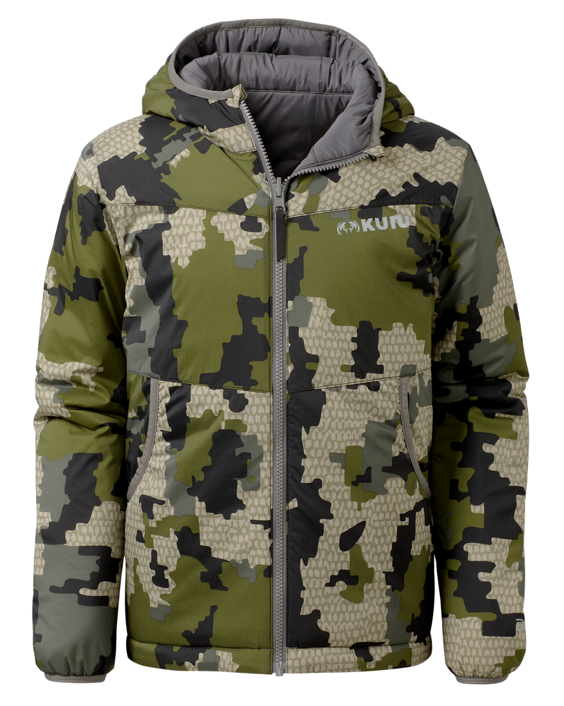 Front of Youth Reversible Versa Jacket in Verde Camouflage