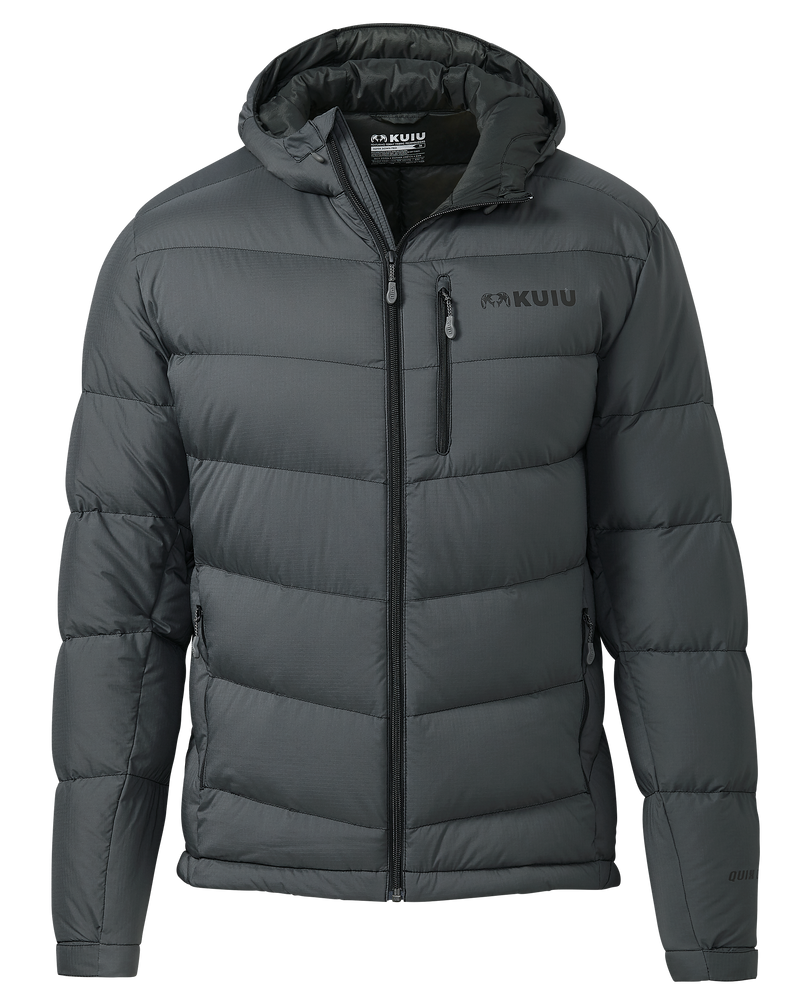 Front of Super Down PRO Hooded Jacket in Gunmetal Grey