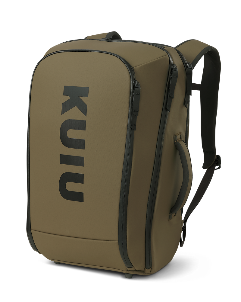 Angled view of Waypoint Travel Backpack in Bourbon Brown