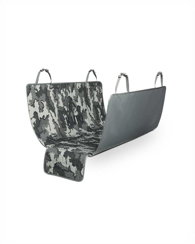 Angled view of KUIU Quilted K9 Seat Cover in Vias Storm camouflage