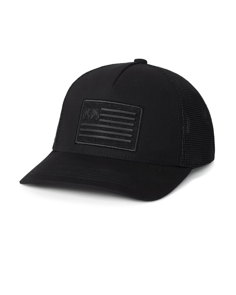 Front of Welded Flag Patch Hat in Black with Black Patch and Black Mesh Back