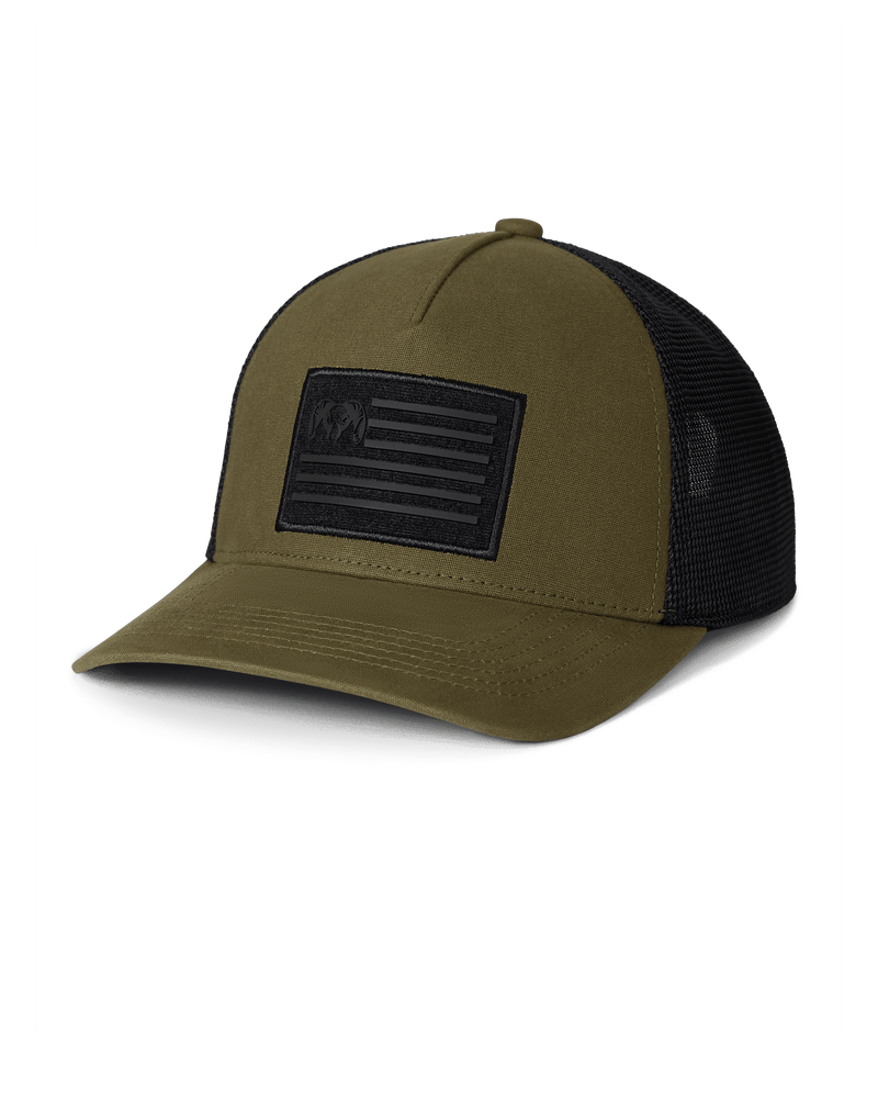 Front of Welded Flag Patch Hat in Olive Green with Black Patch and Black Mesh Back