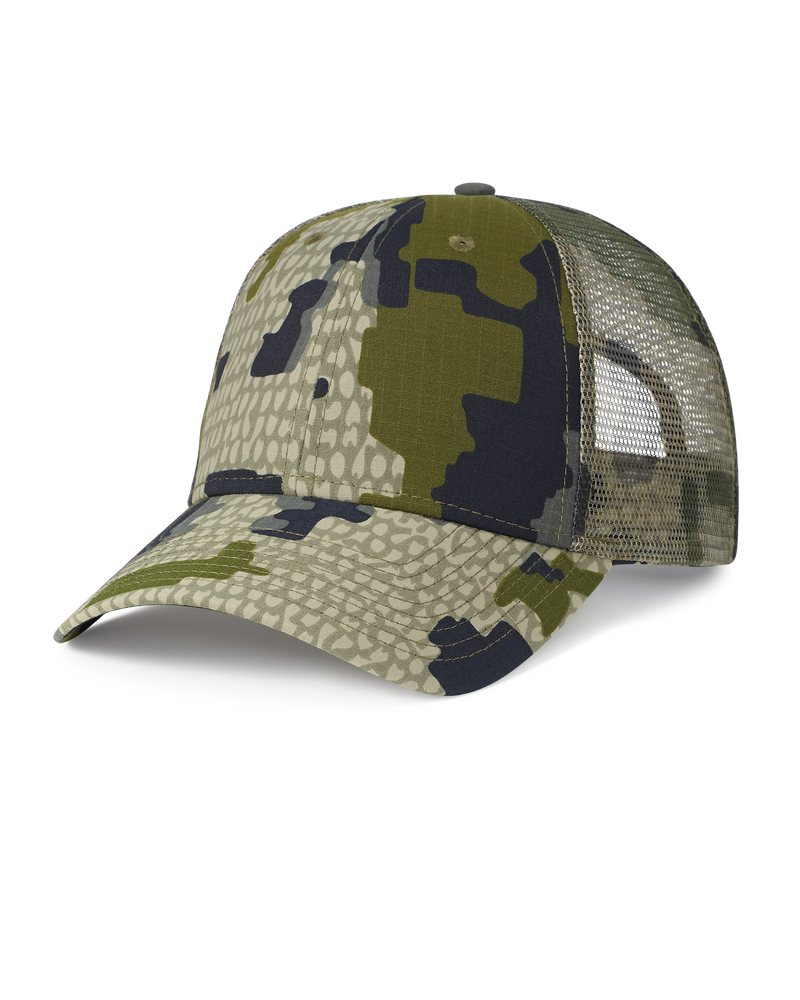 Front of Blank KUIU Cordura Trucker Hat in Verde Camouflage