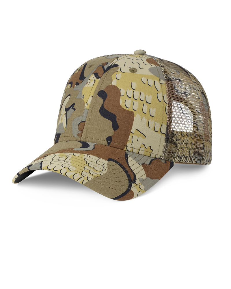 Front of Blank KUIU Cordura Trucker Hat in Valo Camouflage