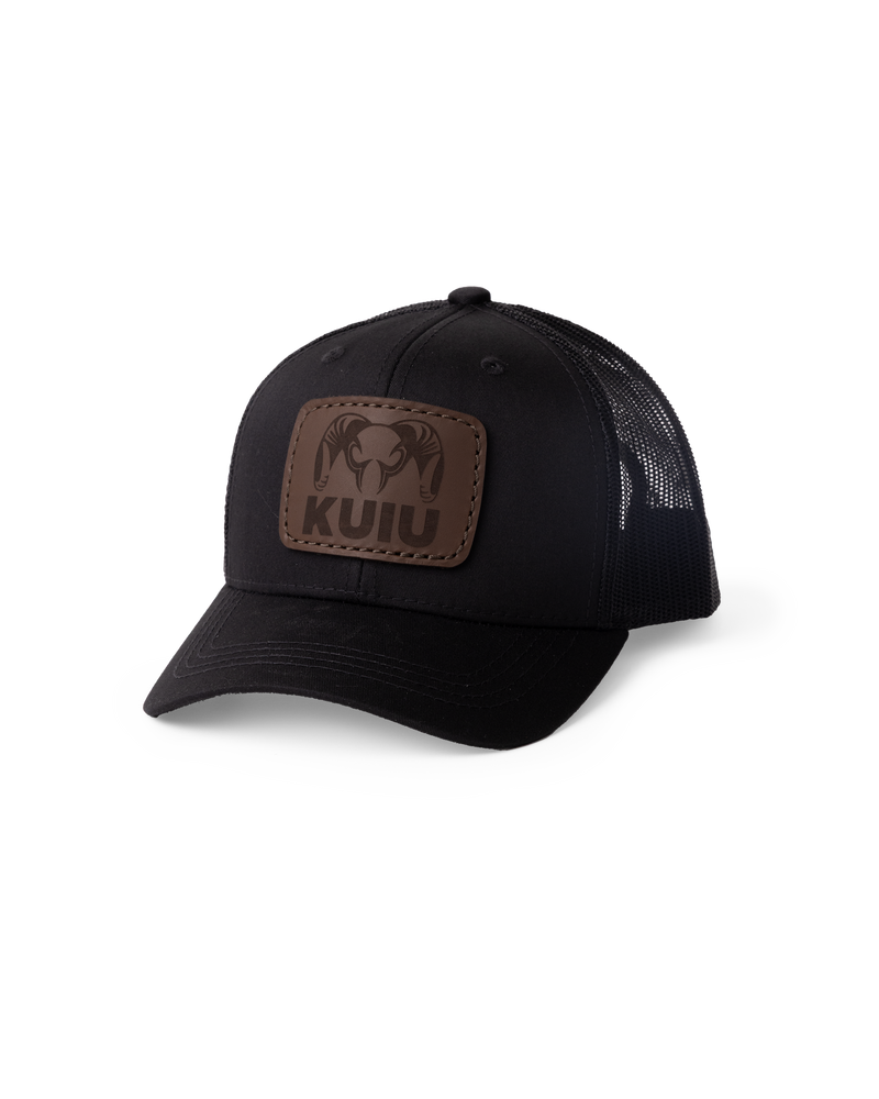 Front of Youth Leather Patch Mesh Back Hat in Black
