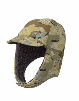 Kenai Bomber hat in Valo camouflage with ear flaps down and connected under chin