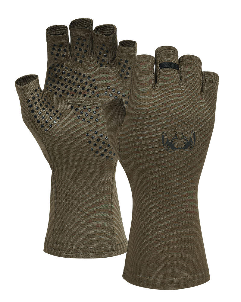 Front and Back of Ultra Merino 210 Fingerless Glove in Ash Brown
