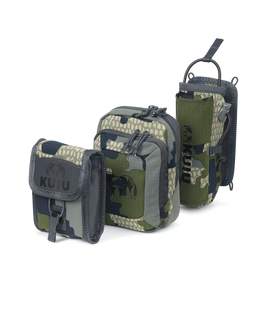 Front of PRO G3 Turkey Kit for the PRO G3 Bino Harness includes Box Call Holder, Slate Call Holder, Rangefinder Holder or Ammo Holder in Verde Camouflage