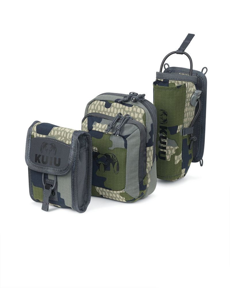 Front of PRO G3 Turkey Kit for the PRO G3 Bino Harness includes Box Call Holder, Slate Call Holder, Rangefinder Holder or Ammo Holder in Verde Camouflage