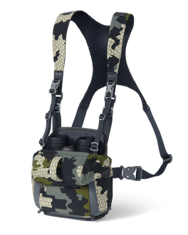 Front of PRO G3 Bino Harness in Verde Camouflage displaying binocular inside the main pouch and highlighting open forward folding lid 