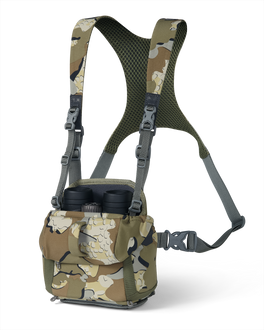 Front of PRO G3 Bino Harness in Valo Camouflage displaying binocular inside the main pouch and highlighting open forward folding lid
