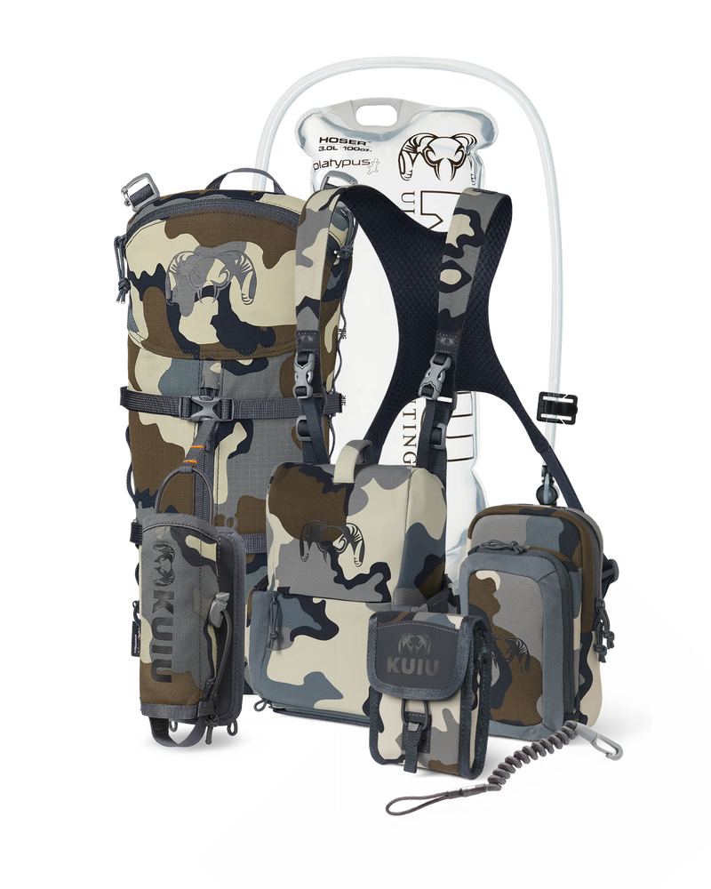 PRO G3 Bino Harness Field Ready Set in Vias Camouflage, Includes: KUIU Platypus 3L Hoser, PRO G3 Bino Harness, PRO G3 Phone Holder, PRO G3 Bear Spray Holder, Rangefinder Lanyard, PRO G3 Rangefinder Holder, PRO G3 Hydration Rig
