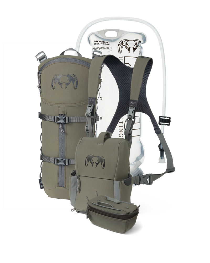 PRO G3 Bino Hydration Set in Ash Brown Color, Incudes: PRO G3 Bino Harness, KUIU Platypus 3L Hoser, PRO G3 Bino Harness Accessory Pocket, PRO G3 Hydration Rig