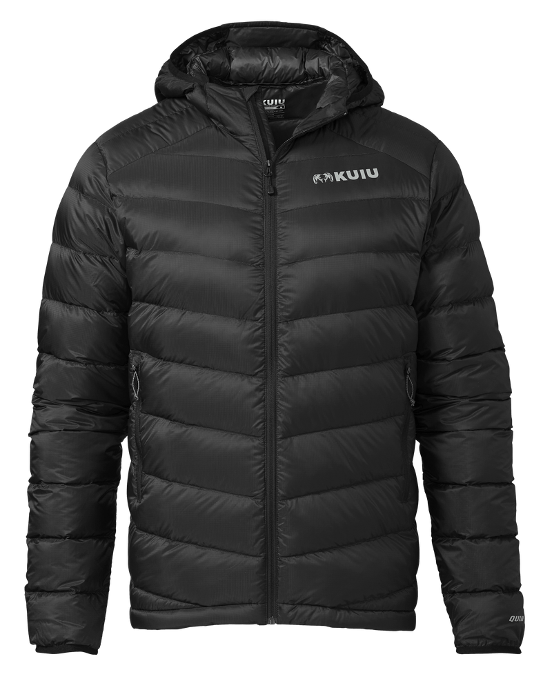 Front of Super Down LT Hooded Jacket in Black