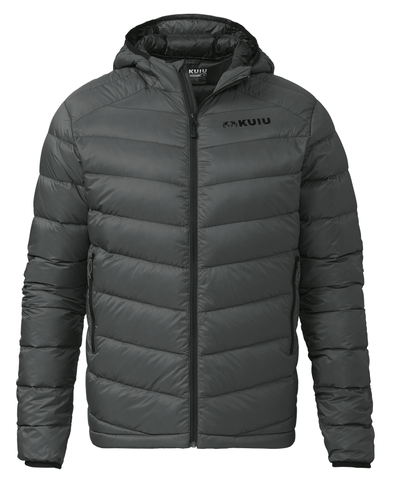 Front of Super Down LT Hooded Jacket in Gunmetal