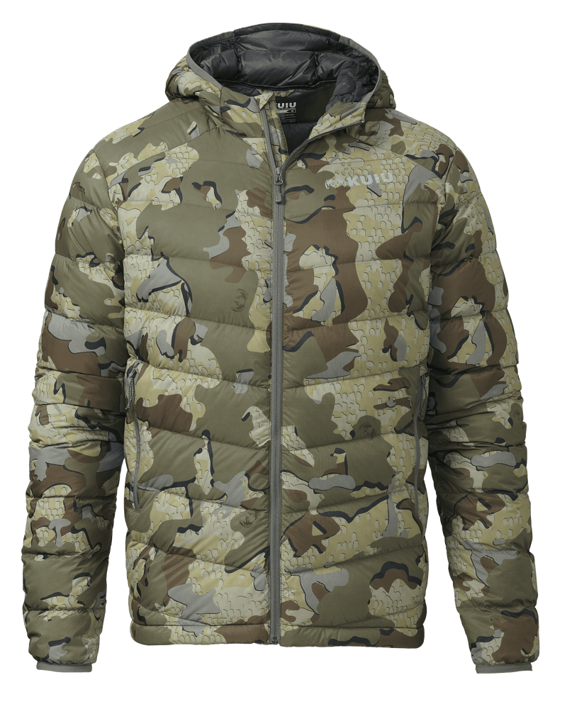 Front of Super Down LT Hooded Jacket in Valo Camouflage