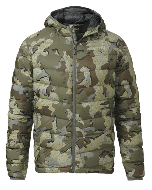 Front of Super Down LT Hooded Jacket in Valo Camouflage