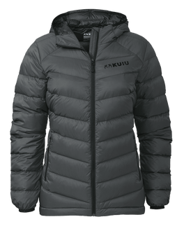 Front of Women's Super Down LT Hooded Jacket in Gunmetal