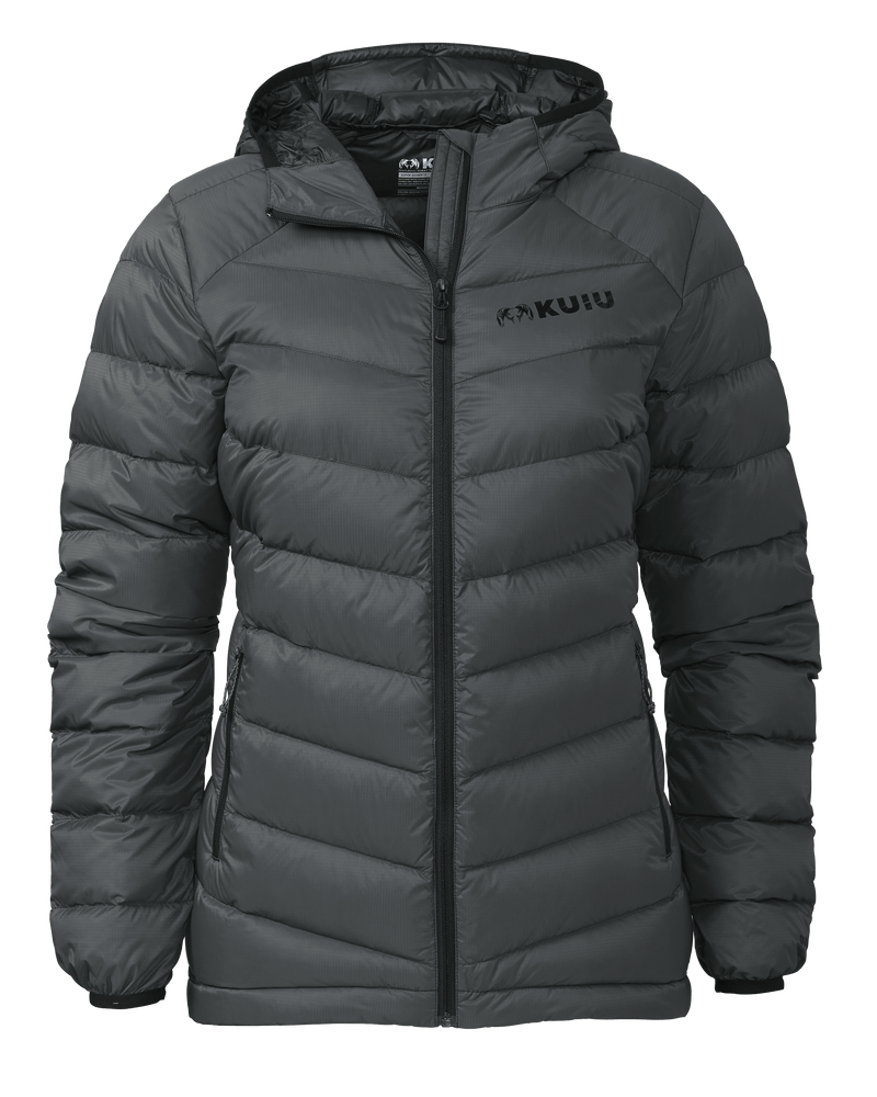 Front of Women's Super Down LT Hooded Jacket in Gunmetal