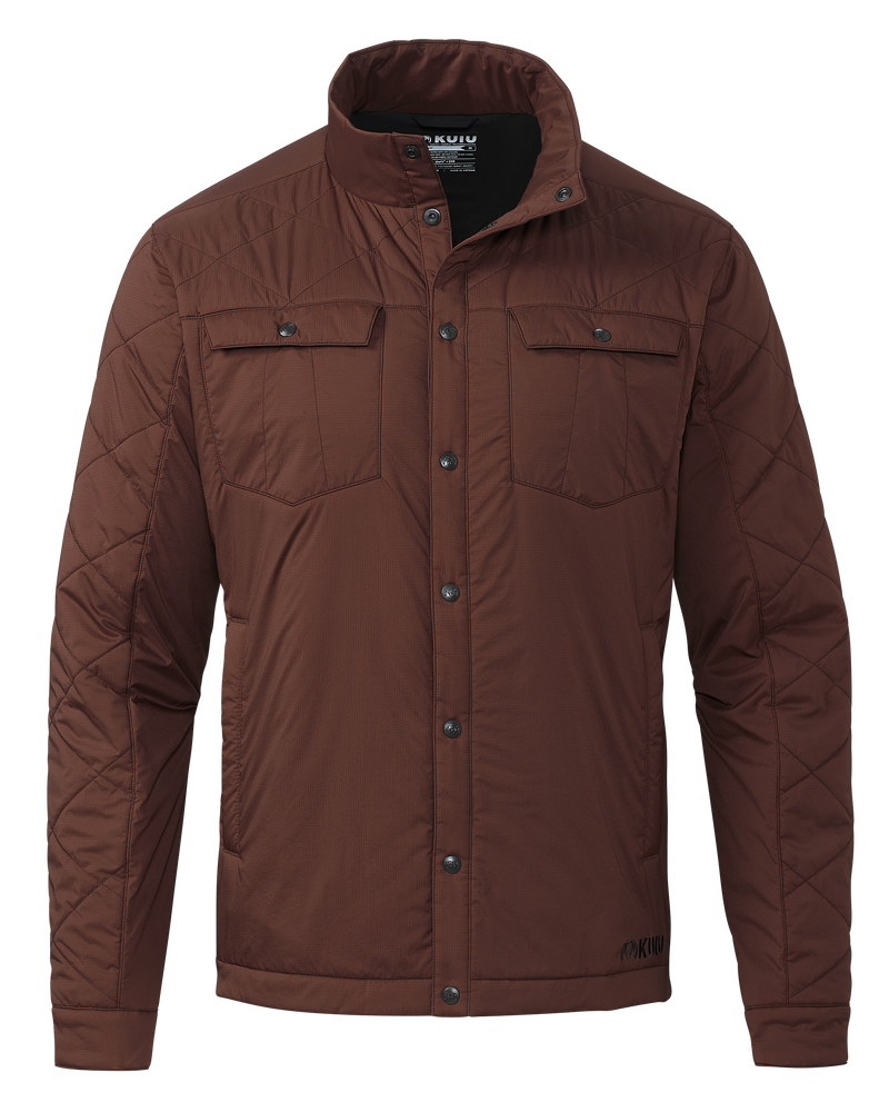 Front of Base Camp Insulated Snap Shirt in Redwood Reddish-Brown