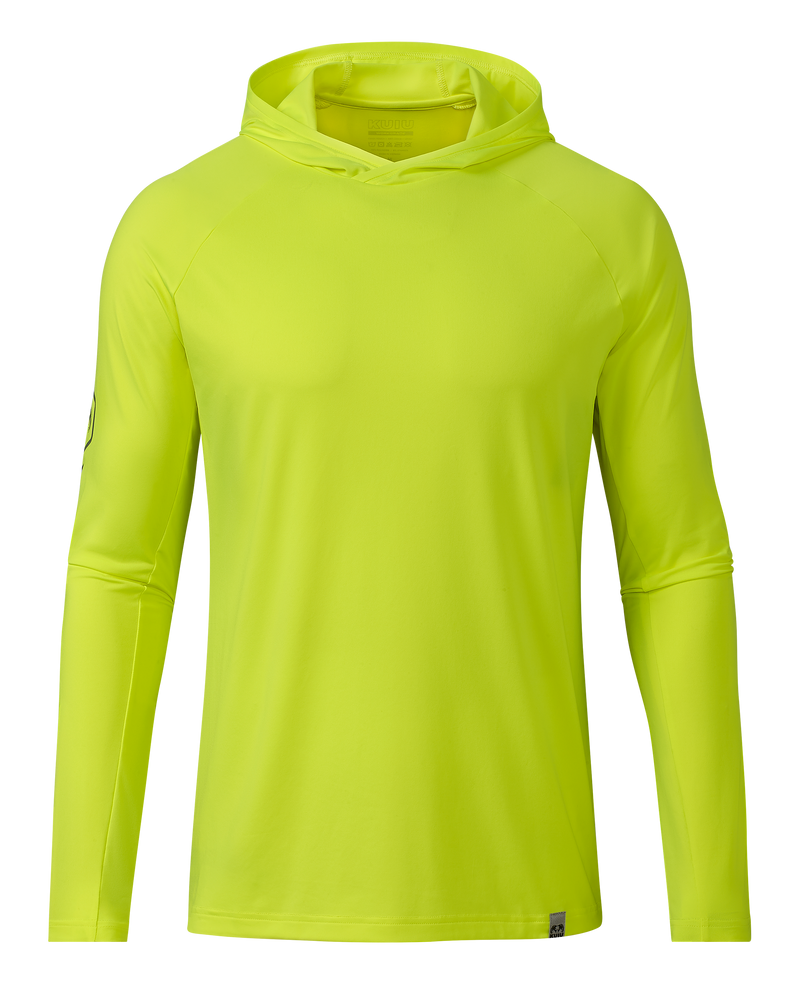 Front of Workgrade Sun Hoodie in Highlight, a neon yellow-green color