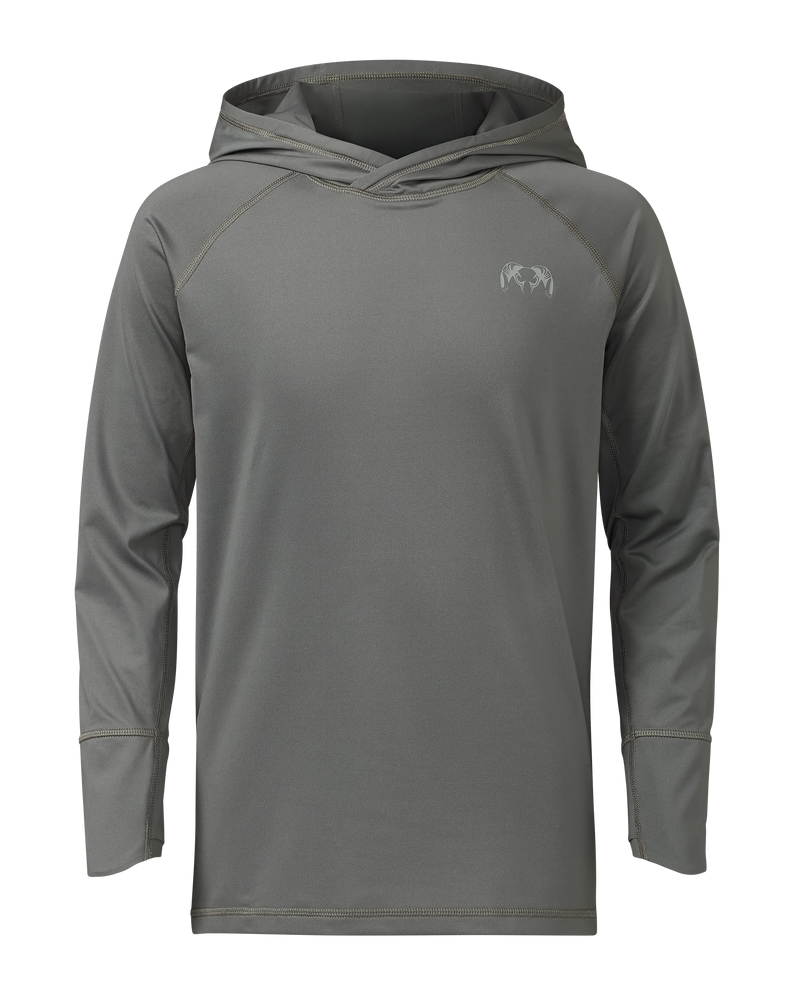 Front of Youth Gila LS Hoodie in Stone Grey