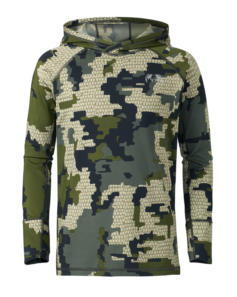 Front of Youth Gila Long Sleece Hoodie in Verde Camouflage