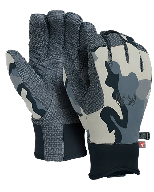 Image showing the exterior and palm grip pattern for a pair of Expedition Gloves in Vias camouflage