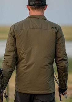 Back view of Base Camp Insulated Snap Shirt in Ash Brown on a bow hunter