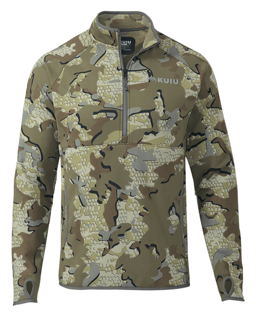 Front of KUIU's Heavy Weight 290 Fleece Zip-T in Valo camouflage.