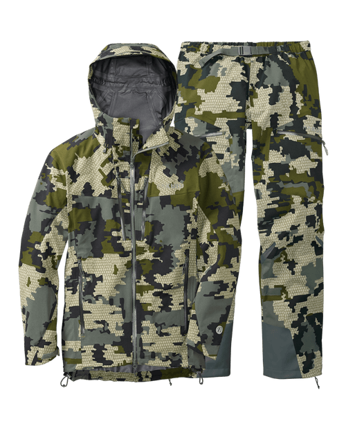 Front of Kutana Storm Shell Jacket and Pant in Verde Camouflage