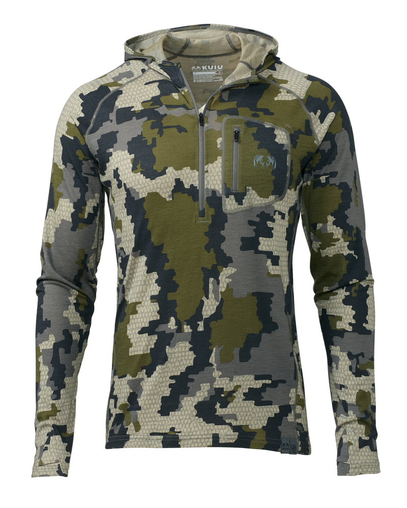Front of ULTRA Merino 145 Zip-T Hunting Hoodie in Verde Camouflage