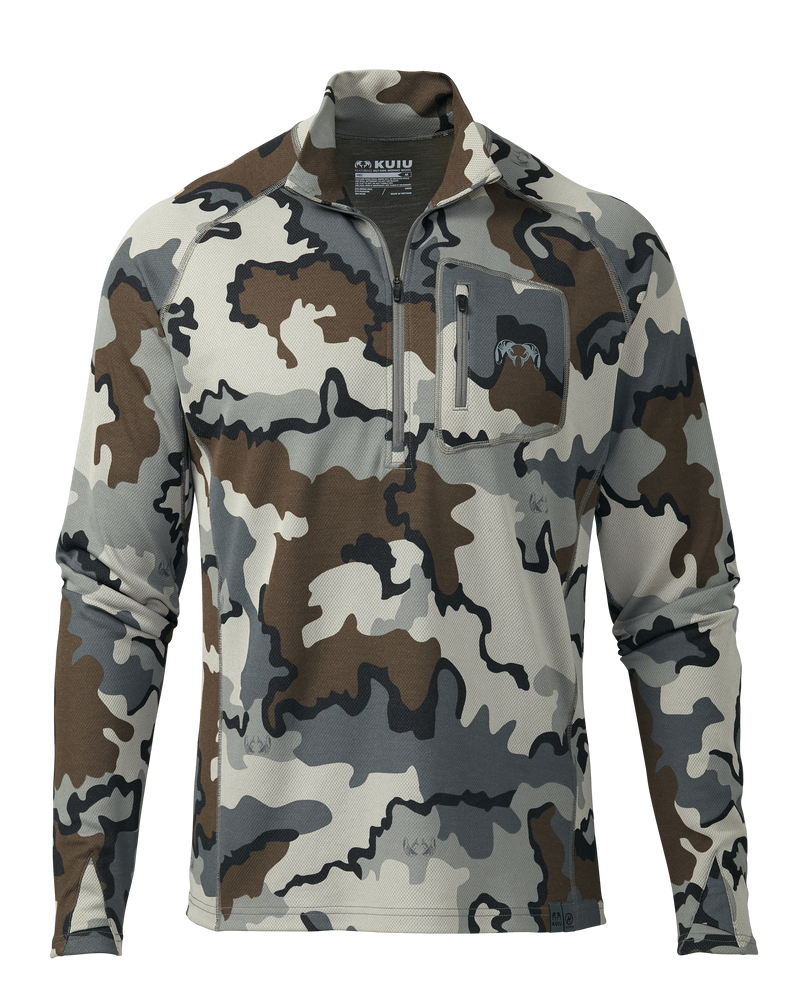 Front of PRO Merino 200 Zip-T in Vias Camouflage on mannequin
