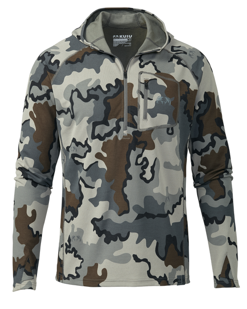 Front of PRO Merino 200 Zip-T Hoodie in Vias Camouflage