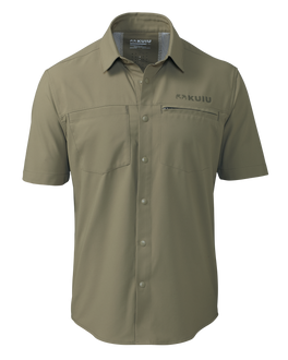 Front of Mesa Vented Short Sleeve Snap Shirt in Khaki Color